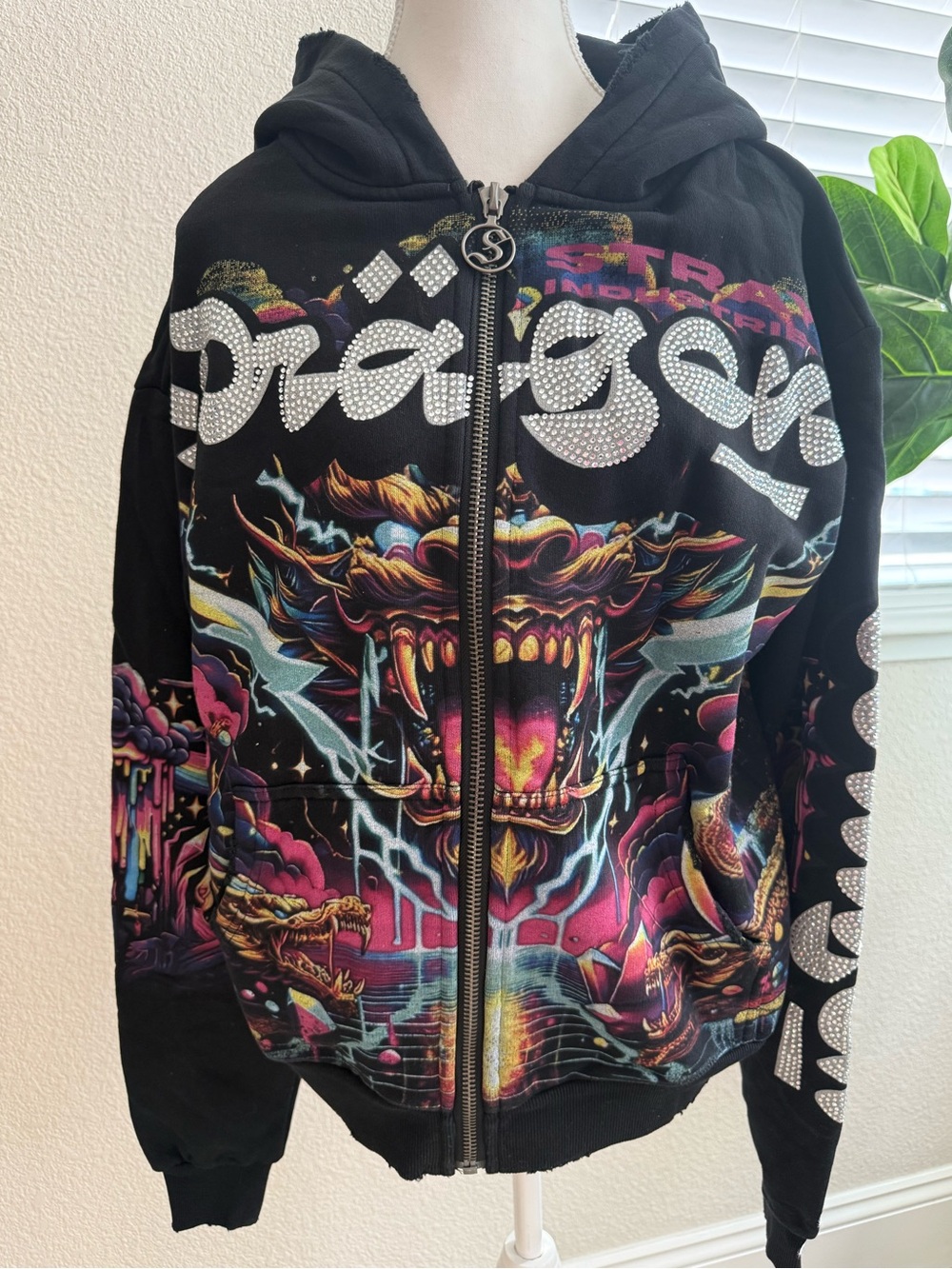 STRAY Black Graphic Zip-Up Hoodie with Rhinestone Logo